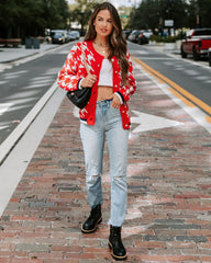 Red Houndstooth Print Buttoned Cardigan