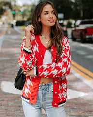 Red Houndstooth Print Buttoned Cardigan