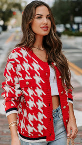 Red Houndstooth Print Buttoned Cardigan