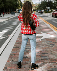 Red Houndstooth Print Buttoned Cardigan