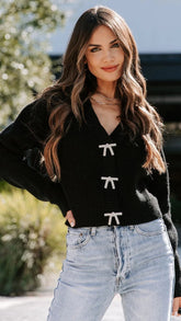 Black Bowtie Button Front Cardigan