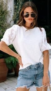 White Organza Puff Sleeves Tee