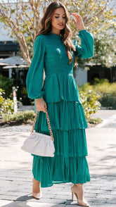 Teal Long Sleeves Tiered Midi Dress