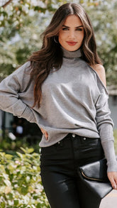 Grey Cold Shoulder Knit Top