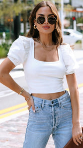 White Square Neckline Crop Top