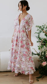 Pink Rose Floral Midi Dress