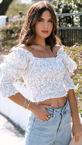 White Smocked Floral Crop Top