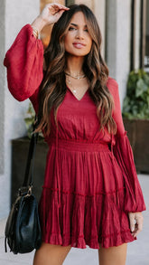 Wine Long Sleeves Mini Dress