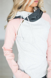 Pink Block Zipper Hoodie Sweatshirt
