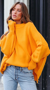 Yellow Batwing Ribbed Knit Sweater