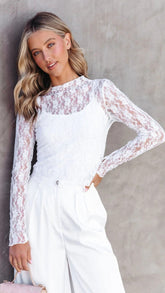 White Crochet Lace Long Sleeves Top