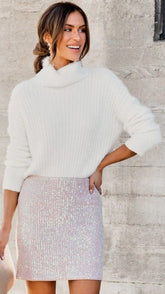 White Turtleneck Ribbed Knit Sweater