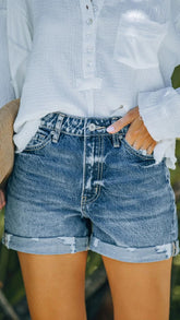 Deep Blue Rolled Edge Denim Shorts