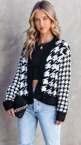 White Houndstooth Print Front Cardigan