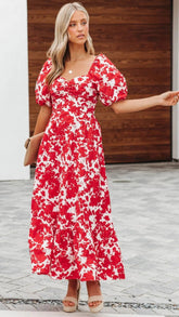Red Floral Puff Sleeves Midi Dress