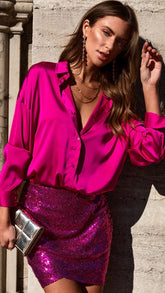 Fuchsia Satin Button Down Shirt