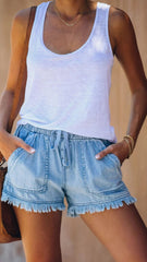 Blue Tassel Edge Denim Shorts