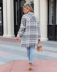 White Tartan Print Fringe Shacket