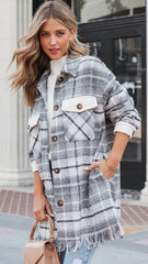 White Tartan Print Fringe Shacket