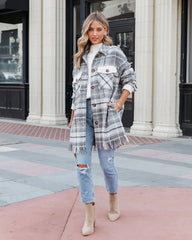 White Tartan Print Fringe Shacket