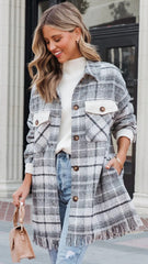 White Tartan Print Fringe Shacket