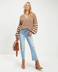 Brown Striped Print Buttoned Cardigan