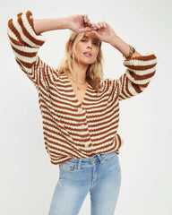 Brown Striped Print Buttoned Cardigan