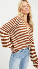 Brown Striped Print Buttoned Cardigan