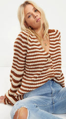 Brown Striped Print Buttoned Cardigan