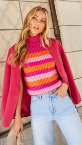 Pink Striped Sleeveless Knit Sweater