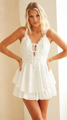 White Self-Tie Sleeveless Rompers