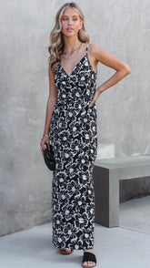 Black Floral Silhouette Print Midi Dress