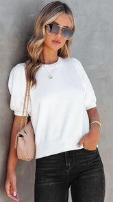 White Puff Sleeves Knit Top