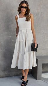 Beige Tiered Midi Dress