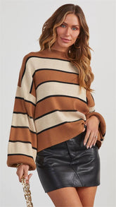 Brown Striped Print Knit Sweater