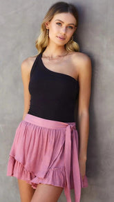 Rose Pink Waist Tie Mini Skort