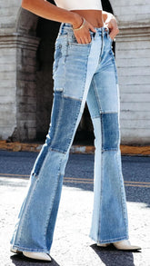 Blue Patchwork Denim Bell Jeans