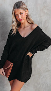 Black Slouchy Knit Sweater Dress