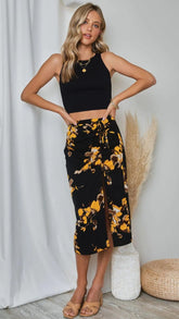 Yellow Floral Slit Midi Skirt