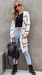 White Striped Open Front Cardigan