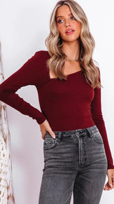 Burgundy Slant Neckline Knit Top