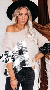 Beige Color Block Knit Sweater