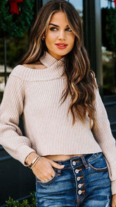 Beige Cold Shoulder Crop Sweater