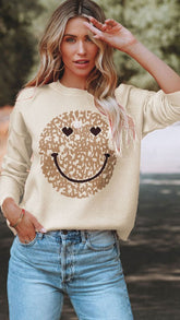 Beige Smiley Face Print Knit Sweater