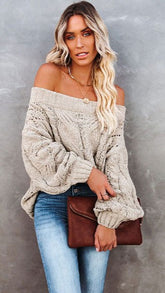Beige Off Shoulder Cable Knit Sweater