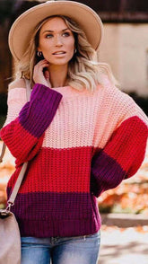 Pink Colorblocked Off Shoulder Sweater