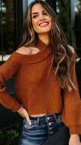 Brown Cold Shoulder Crop Sweater