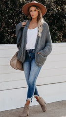 Grey Batwing Cable Knit Cardigan