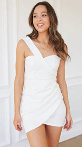 White One Shoulder Ruched Wrap Mini Dress