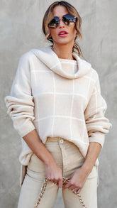 Beige Plaid Turtleneck Knit Sweater